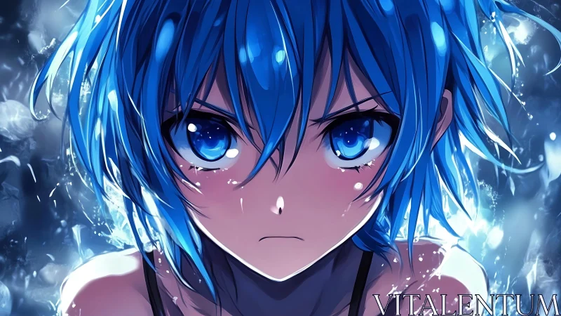 Storm-eyed blue warrior girl blazing through shattered light.