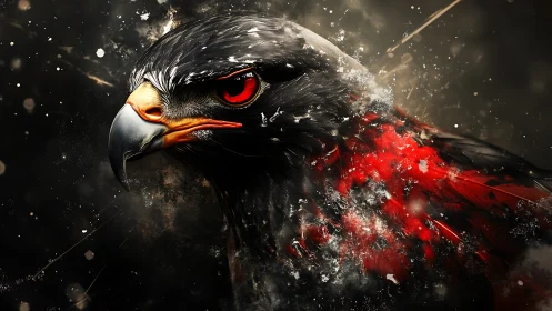 Fierce Hawk Portrait in Abstract Digital Art with Red Accents.