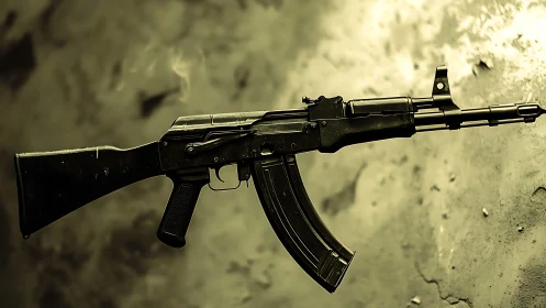 Side-profile assault rifle render with high-contrast metallic lighting