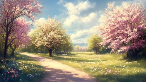 Blossoming spring lane curves through sunlit meadow landscape