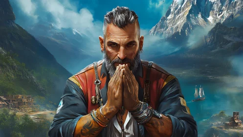 Bearded adventurer in prayer pose before alpine fjord landscape