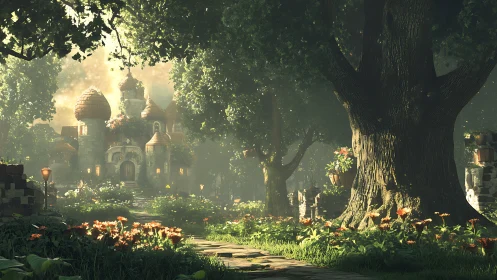 Sunlit fairy-tale cottage beneath towering forest canopy.