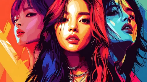 Bold neon portrait of three women in vivid gradients.