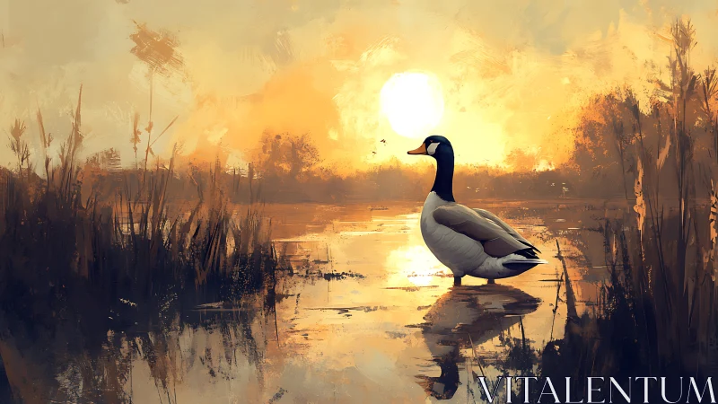 Sunset sentinel goose guarding a quiet golden marsh.