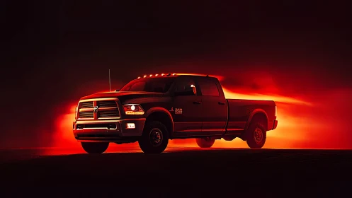 Heavy-duty pickup truck cuts silhouette through molten sunset.