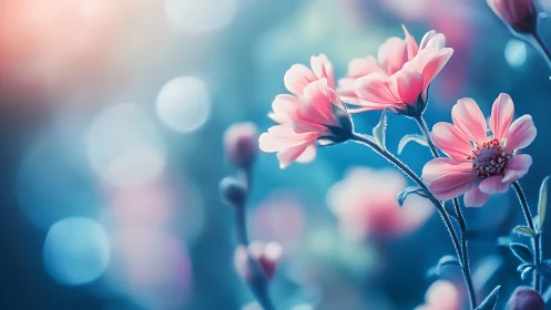 Pink Daisies Dance Through Dreamy Blue Bokeh Magic