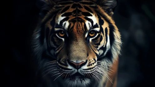 Low-key frontal tiger portrait with high contrast optics.