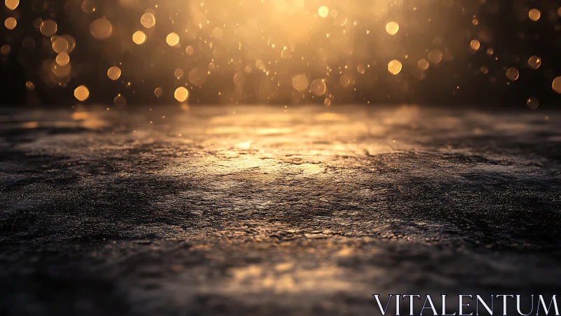 Wet textured ground under warm backlit droplets at dusk.