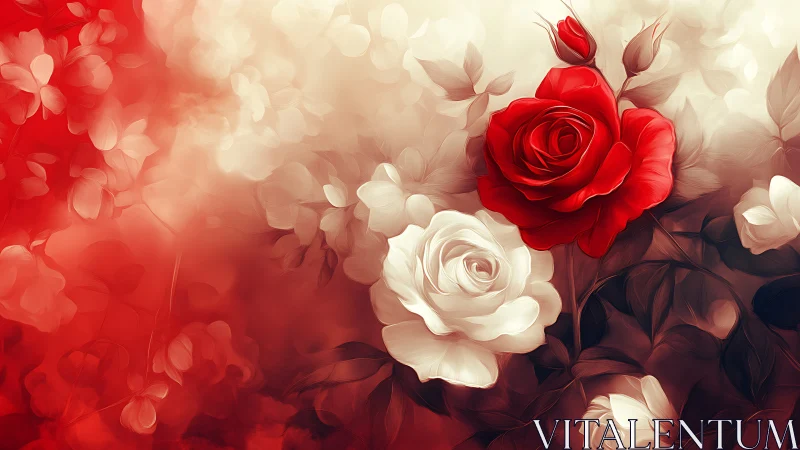 Red and cream roses with luminous bokeh composition.