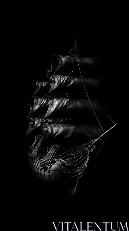 Ghostlit black galleon drifting through a void of silence.