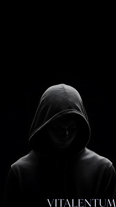 Hooded figure emerges from darkness in stark moody light