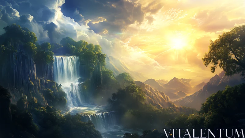 Fantasy waterfall valley under radiant golden sunrise.