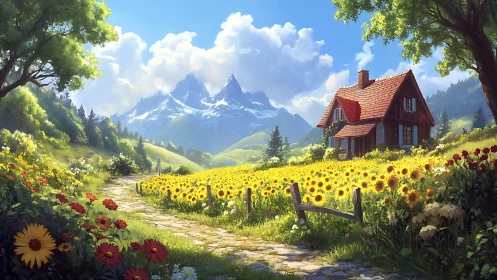 Sunlit sunflower valley cradles a cozy red-roof cottage.