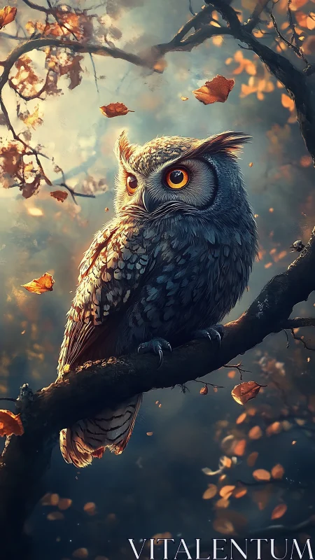 Autumn twilight owl watches falling leaves in enchanted forest.