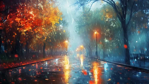 Autumn rain on reflective city park avenue with lamplight glow