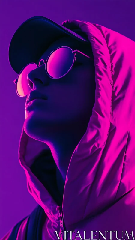 Neon-lit hooded figure gazes upward in bold magenta glow