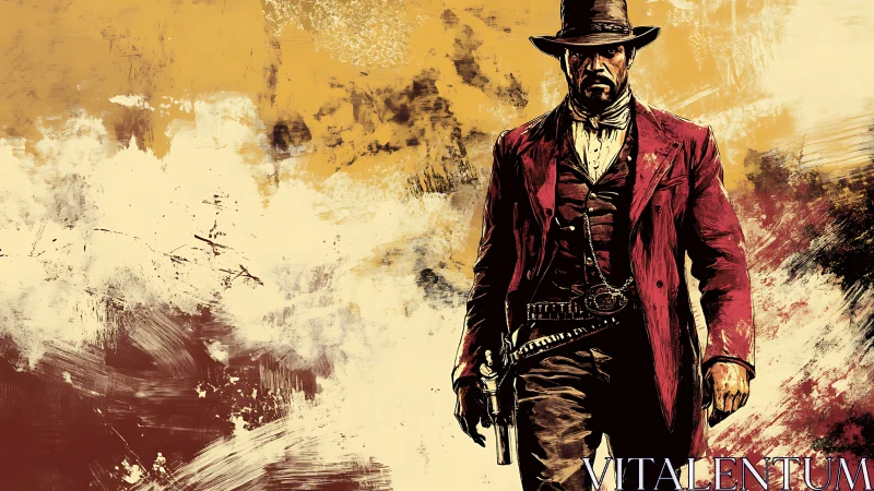 Gritty gunslinger in red coat against rough painted sky.
