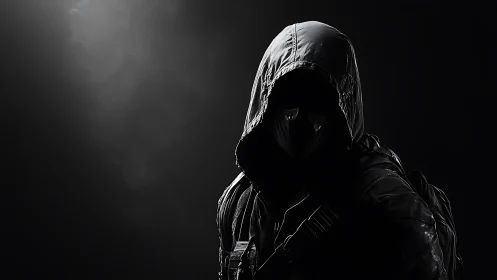 Hooded vigilante in shadow, stark monochrome portrait.