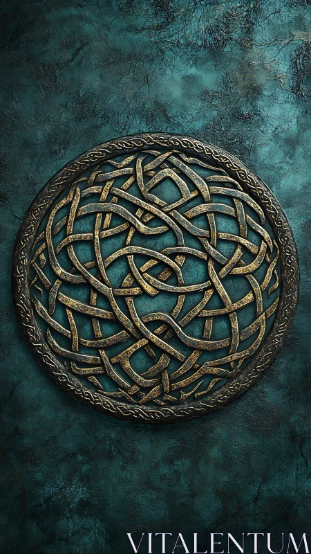 Intricate circular Celtic knotwork medallion on teal patina wall