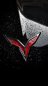 Photorealistic macro of red automotive emblem on wet gloss surface.