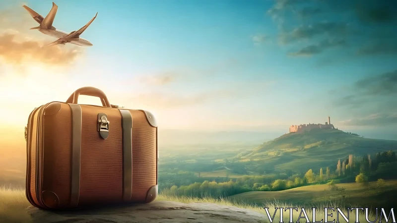 Suitcase on plateau with aircraft over rural landscape.