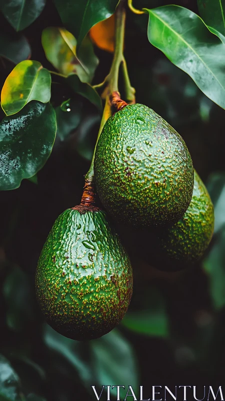 Rain-kissed avocados hanging on lush green tree branch.