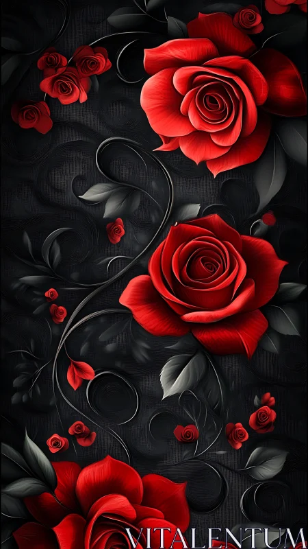 Red roses on dark background with decorative floral elements.