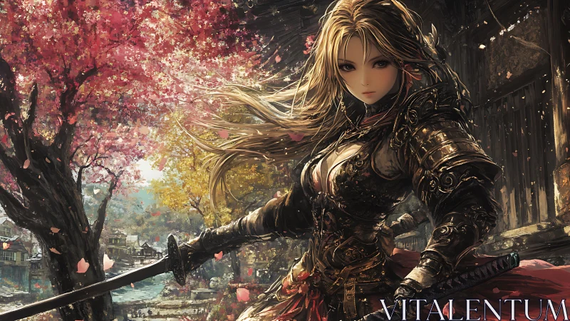 Armored swordswoman under blooming sakura trees with dynamic lighting