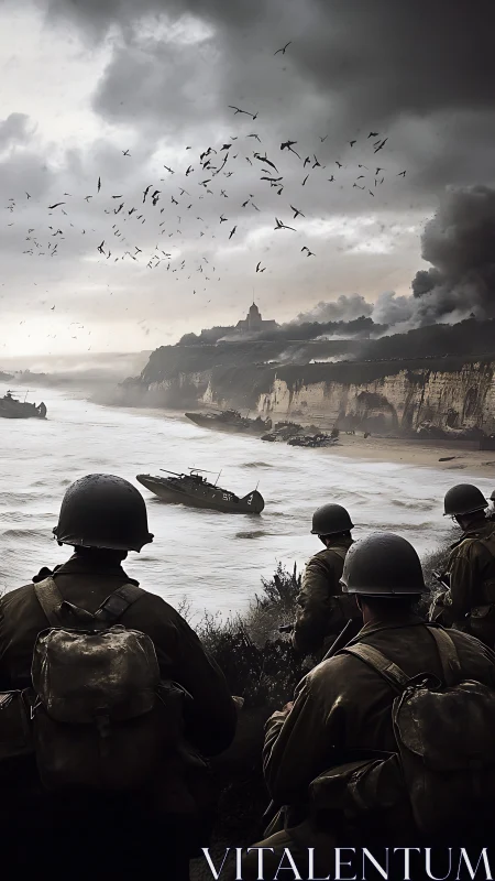 Soldiers storm Normandy coast under storm-laden skies.