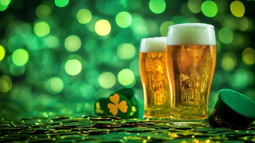 Three beer glasses with shamrocks and coins on green bokeh.