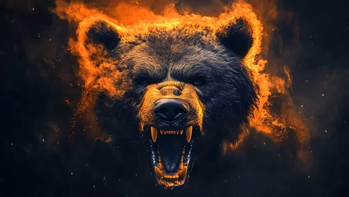 Fiery bear portrait explodes with molten orange fury.