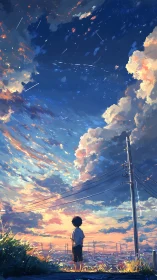 Boy beneath a luminous sunset sky of clouds and meteors.