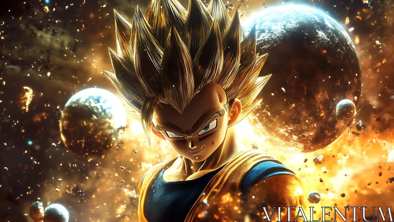 Spiky haired anime warrior amid burning cosmic spheres.