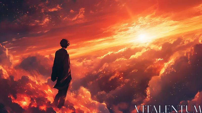 Lone figure stands above glowing clouds at fiery sunset.