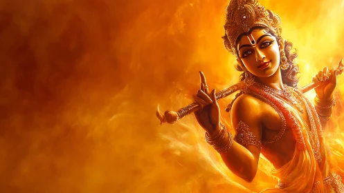 Divine flute player in radiant golden digital artwork.