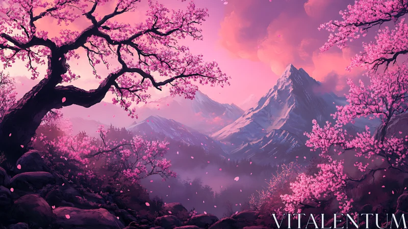 Blossom-kissed mountains under a dreamy violet sunrise.