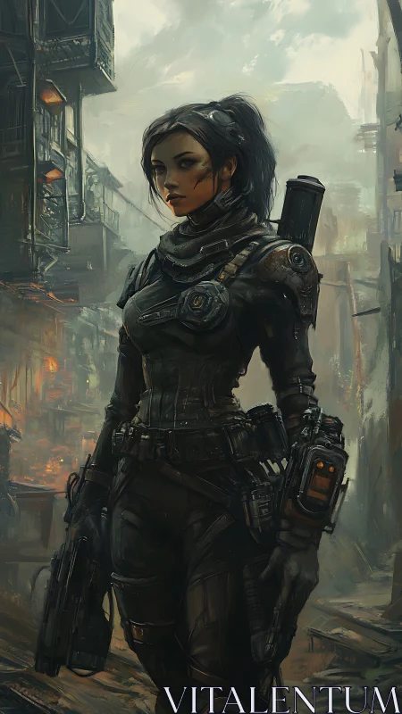 Armored female operative in dense futuristic urban ruins.