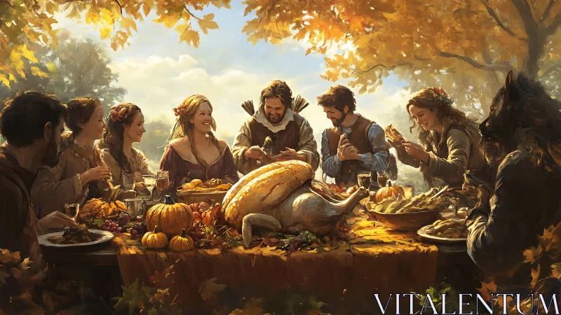 Autumn banquet with roast turkey and medieval costumed friends