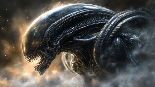 Biomechanical alien creature emerges through swirling smoke