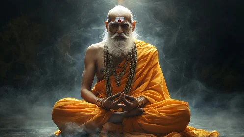 Meditative elder yogi in saffron robes amid cinematic smoke.