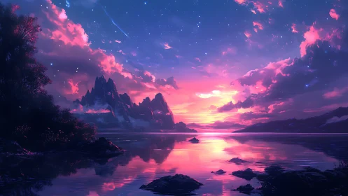 Pink twilight sky over reflective fantasy mountain lake.