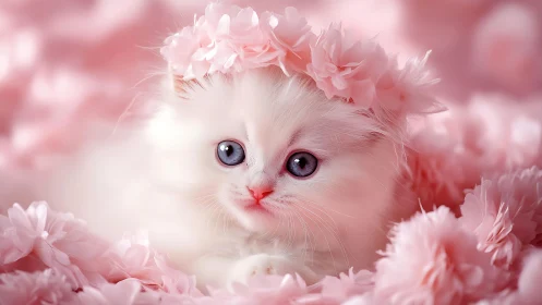 White cat adorned in pink floral crown among peony blooms.