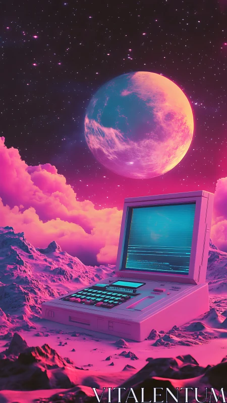 Retro computer terminal glows beneath neon planetary sky