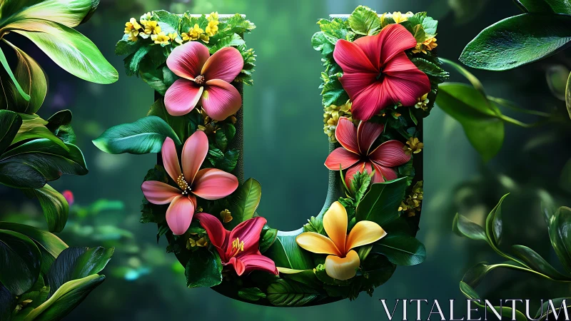 Floral sculpted letter U in lush tropical 3D composition.