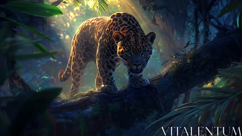 Spotted leopard traversing forest floor with dappled light.