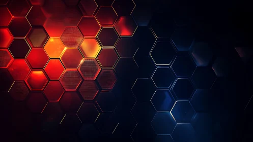 Futuristic hexagonal grid in glowing red and blue digital style.