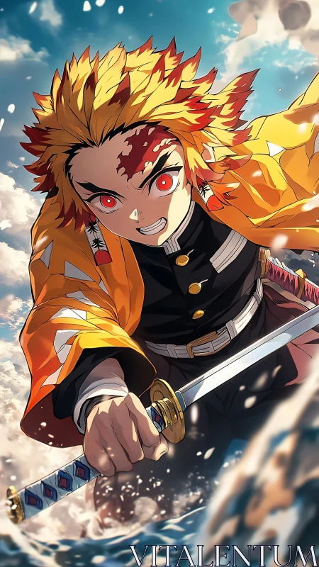 Flame-haired swordsman lunging through crashing ocean spray.