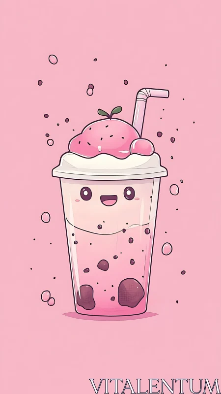 Kawaii strawberry boba shake with stylized character face.