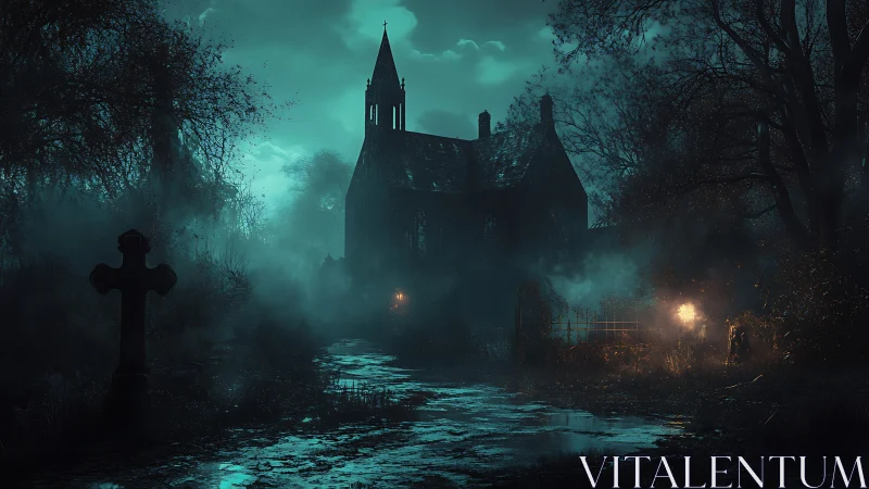 Foggy night church in eerie graveyard landscape scene.