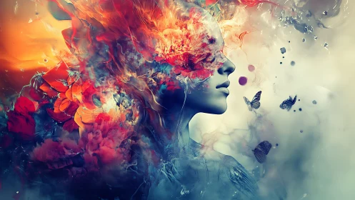 Surreal female portrait merging with vibrant abstract blooms.
